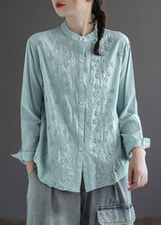 Bohemian White Stand Collar Embroidered Floral Button Solid Cotton Shirt Long Sleeve