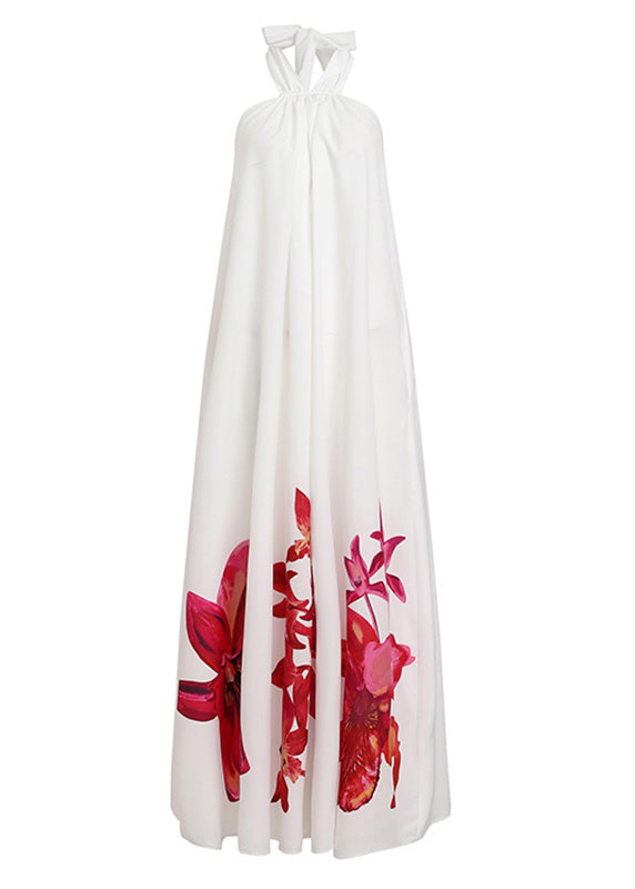 Bohemian White Summer Sundress Sexy Halter Floral Print Long Dresses
