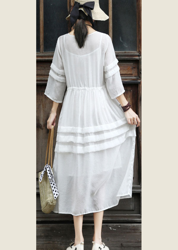 Böhmisches weißes Patchwork-Baumwollkleid mit Krawatte, zweiteiliges Set Sommer