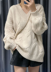 Bohemian White V Neck Cozy Cable Knit Sweater Tops Winter