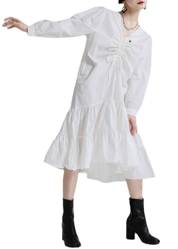 Bohemian White V Neck Drawstring Exra Large Hem Cotton Maxi Dress Fall