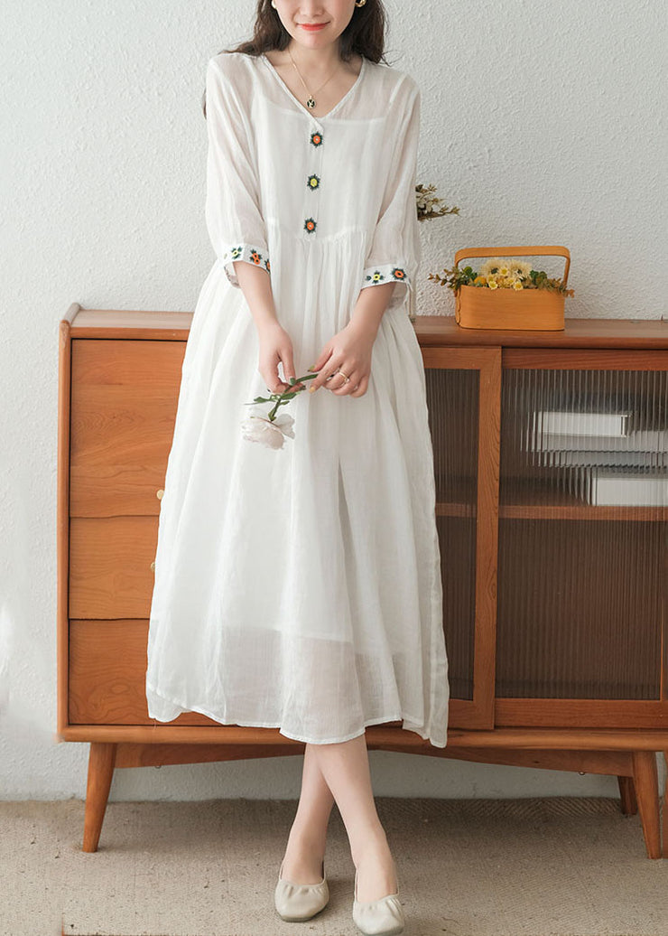 Bohemian White V Neck Embroidered Linen Dress Two Piece Set Women Clothing Summer