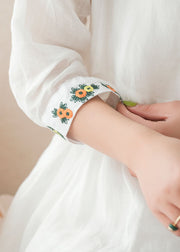 Bohemian Weiß V-Ausschnitt Besticktes Leinenkleid Zweiteiler Damen Kleidung Sommer
