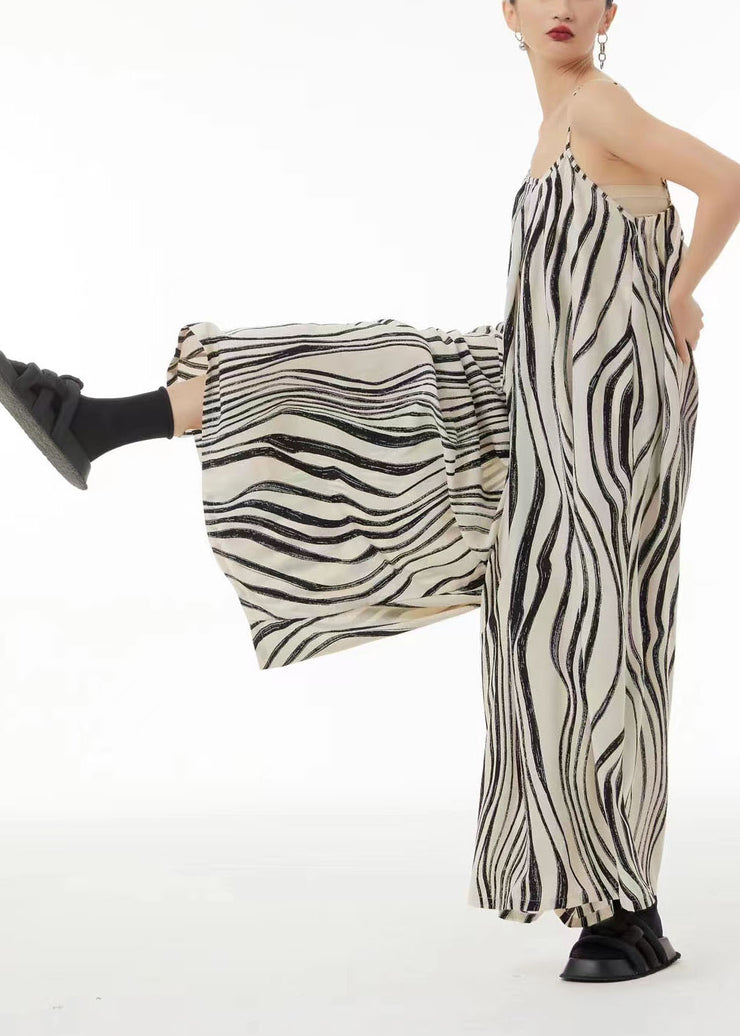 Bohemian White Zebra Pattern Wide Leg Chiffon Spaghetti Strap Jumpsuit Summer