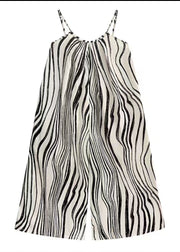 Bohemian White Zebra Pattern Wide Leg Chiffon Spaghetti Strap Jumpsuit Summer