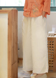 Bohemian White elastische Taille Kordelzug Taschen Leinen Hose mit weitem Bein Frühling