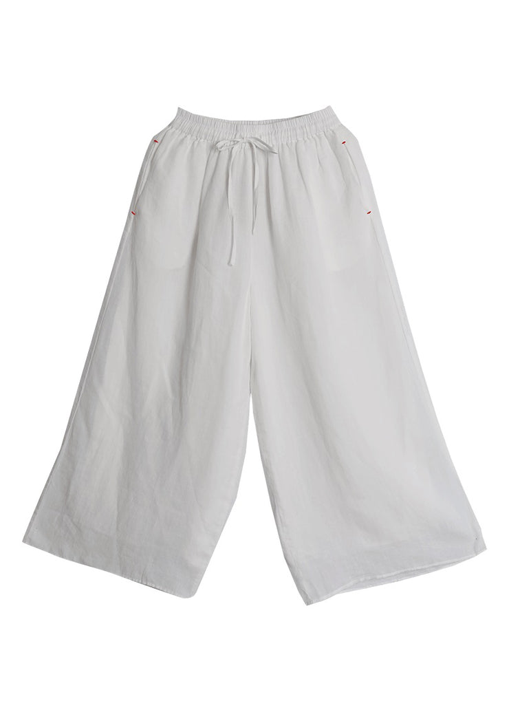 Bohemian White elastic waist drawstring Pockets Linen wide leg Pants Spring