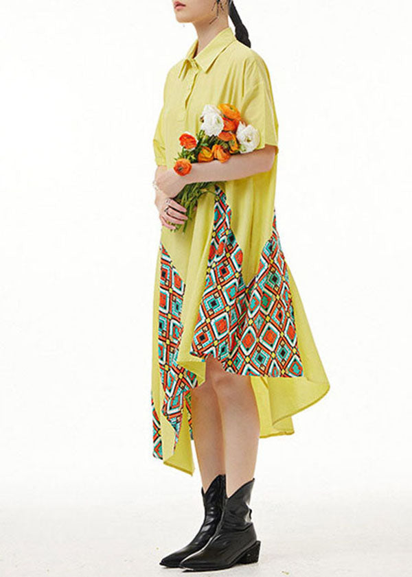 Bohemian Yellow Asymmetrical Print Patchwork Chiffon Shirts Dresses Summer