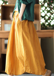 Bohemian Yellow Elastic Waist Wrinkled Linen Skirt Summer