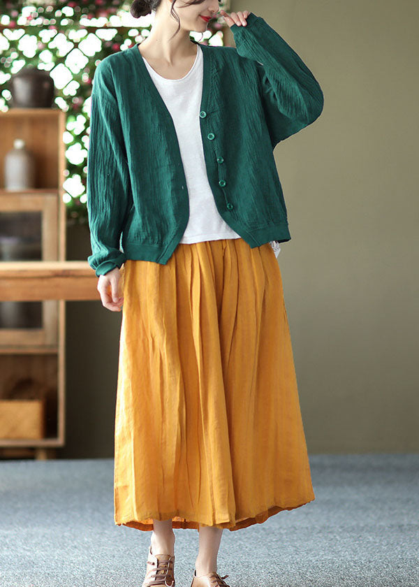 Bohemian Yellow Elastic Waist Wrinkled Linen Skirt Summer