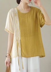 Bohemian Yellow Embroidered Patchwork Cotton Shirt Top Summer