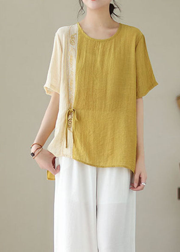 Bohemian Yellow Embroidered Patchwork Cotton Shirt Top Summer