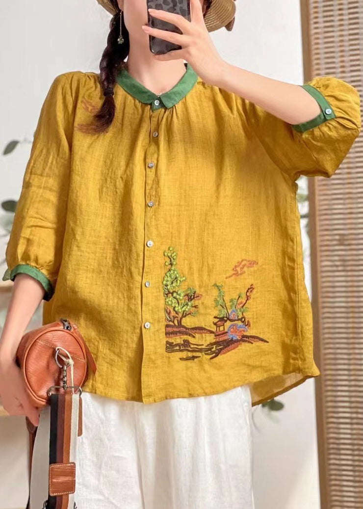 Bohemian Yellow Embroidered Patchwork Linen Shirt Tops Summer
