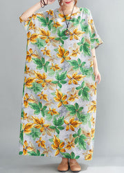Bohemian Yellow Green O-Neck Leaf Print Cotton Long Dress Short Sleeve