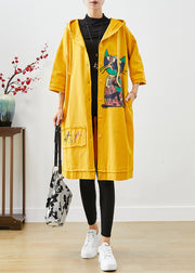 Bohemian Yellow Hooded Cat Print Cotton Coat Outwear Fall