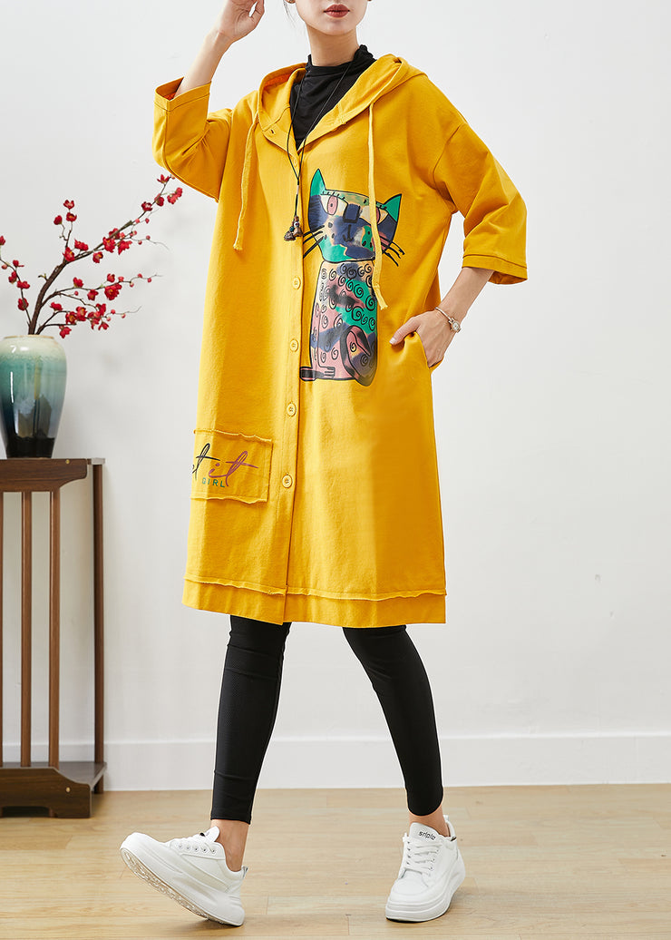 Bohemian Yellow Hooded Cat Print Cotton Coat Outwear Fall