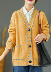 Bohemian Yellow Loose Button Pockets Fall Knit Sweater Coat
