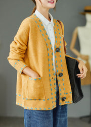 Bohemian Yellow Loose Button Pockets Fall Knit Sweater Coat
