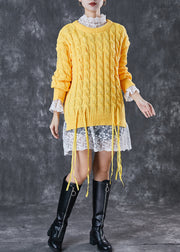 Bohemian Yellow Nail Bead Side Open Knit Sweaters Winter