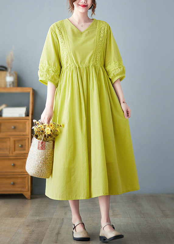 Bohemian Yellow O-Neck Lace Patchwork Cotton Cinch Dress Half Sleeve