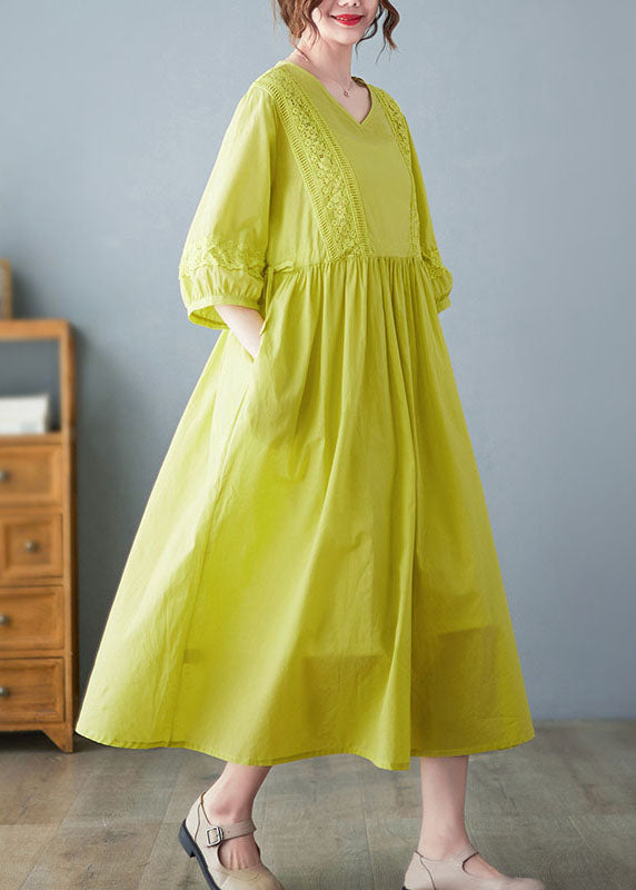 Bohemian Yellow O-Neck Lace Patchwork Cotton Cinch Dress Half Sleeve