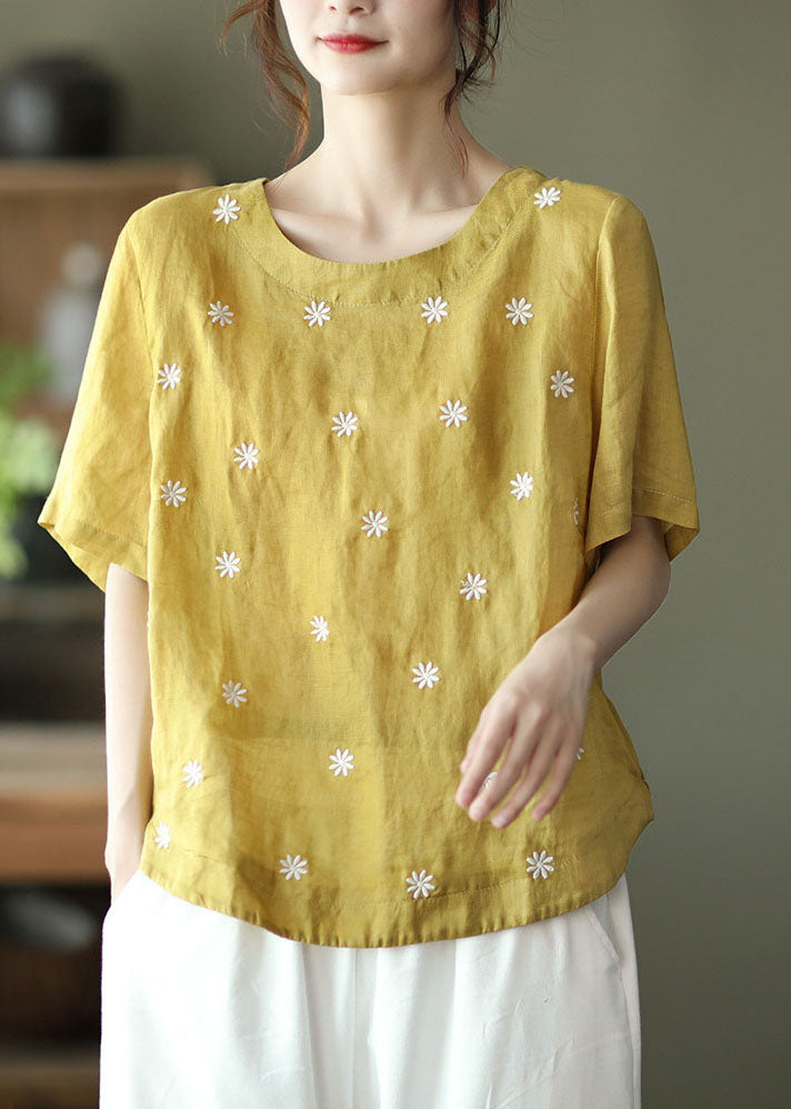 Bohemian Yellow O-Neck Linen Shirt Top Short Sleeve