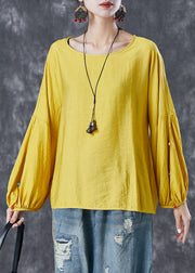 Bohemian Yellow O-Neck Oversized Nail Bead Cotton Top Lantern Sleeve