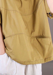 Bohemian Yellow O-Neck Pockets Line Cotton Top Short Sleeve