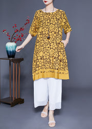 Bohemian Yellow O-Neck Print Silk Maxi Dress Summer