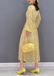 Bohemian Yellow O-Neck Print zerknittertes langes Chiffon-Kleid mit langen Ärmeln