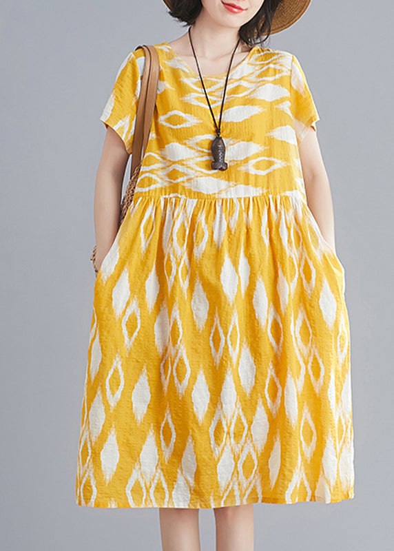 Bohemian Yellow O-Neck Knitted Print Cotton Strandkleider Kurzarm