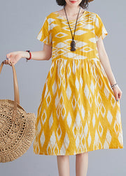 Bohemian Yellow O-Neck Wrinkled Print Cotton Beach Dresses Short Sleeve