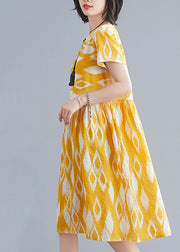 Bohemian Yellow O-Neck Knitted Print Cotton Strandkleider Kurzarm