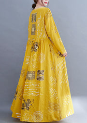 Bohemian Yellow O-Neck Knitted Print Cotton Loose Dress Long Sleeve