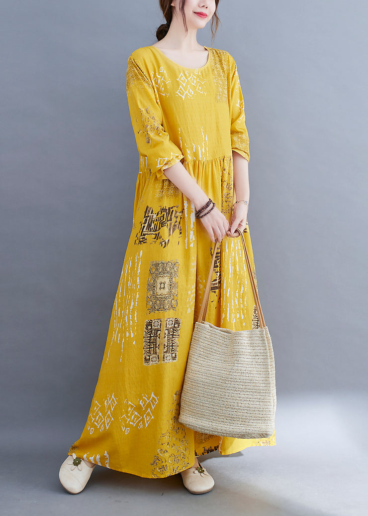 Bohemian Yellow O-Neck wrinkled Print Cotton Loose Dress Long Sleeve