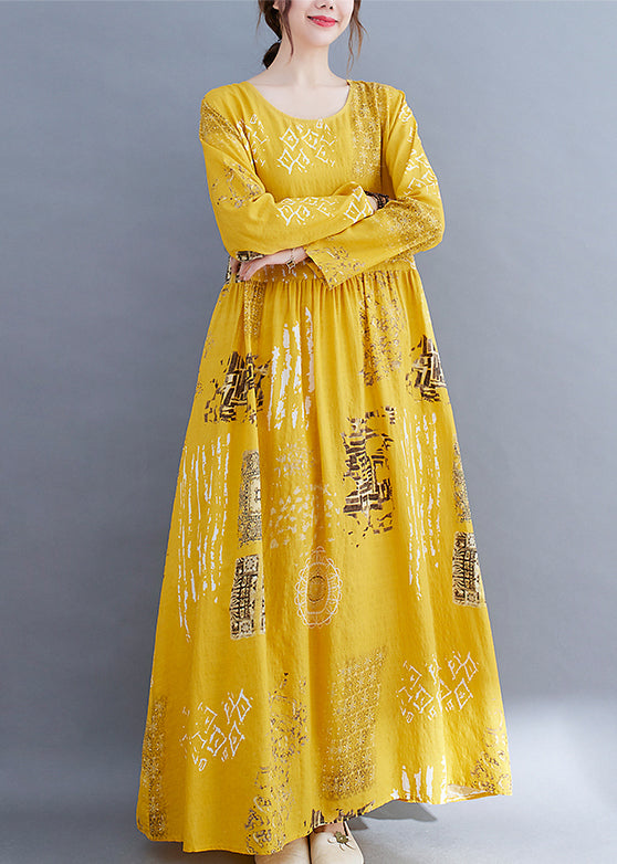 Bohemian Yellow O-Neck Knitted Print Cotton Loose Dress Long Sleeve