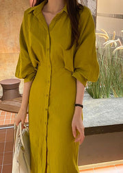 Bohemian Yellow Peter Pan Collar Cinched Cotton Shirt Dresses Lantern Sleeve
