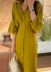 Bohemian Yellow Peter Pan Collar Cinched Cotton Shirt Dresses Lantern Sleeve