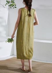 Bohemian Yellow Pockets Patchwork Summer Linen Long Dress Sleeveless - SooLinen