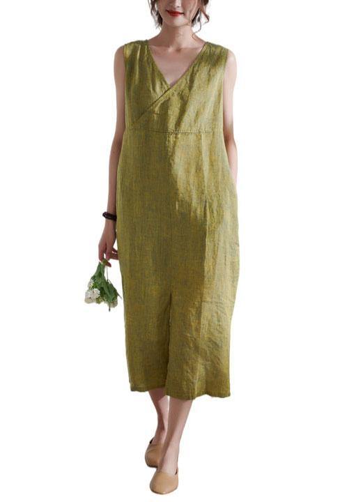Bohemian Yellow Pockets Patchwork Summer Linen Long Dress Sleeveless - SooLinen