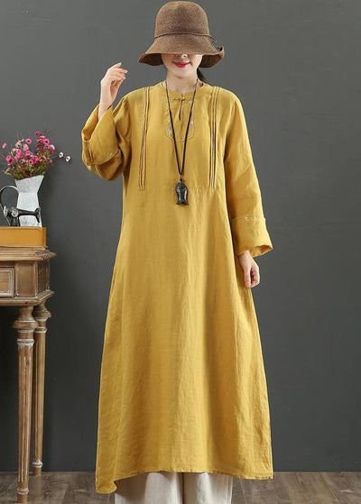Bohemian Yellow Quilting Clothes Stand Collar Pockets Long Spring Dress - SooLinen