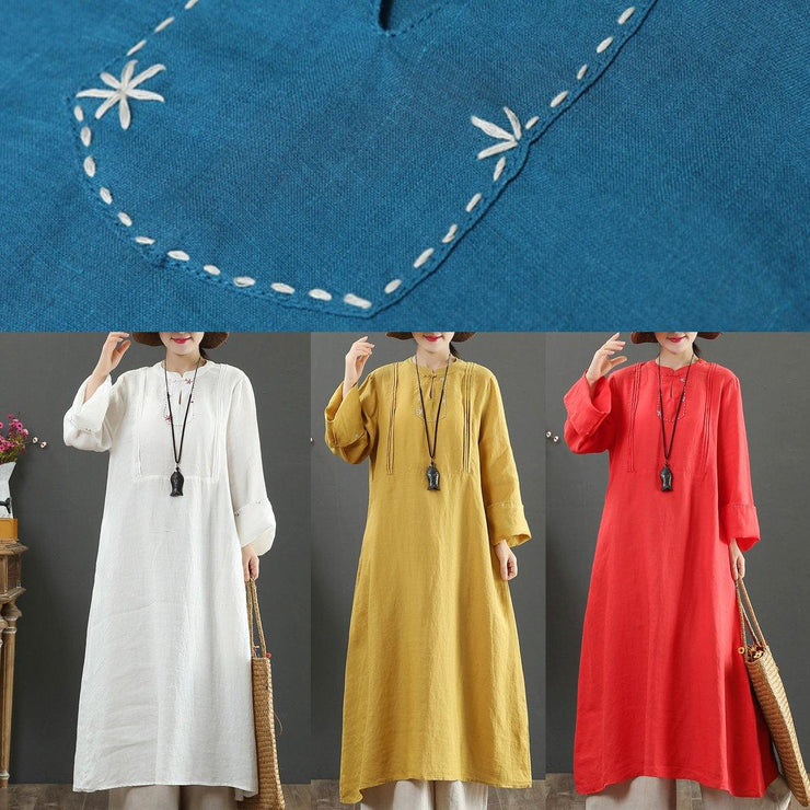 Bohemian Yellow Quilting Clothes Stand Collar Pockets Long Spring Dress - SooLinen