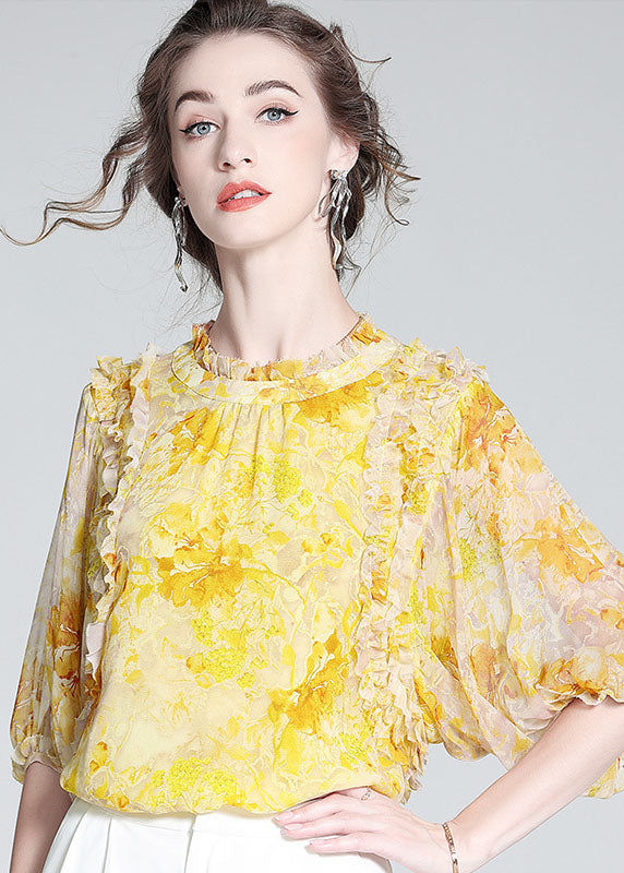 Bohemian Yellow Ruffled Print Silk Blouse Tops Bracelet Sleeve
