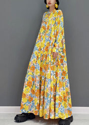 Bohemian Yellow Stand Collar Print Exra Large Hem Cotton Vacation Dresses Spring