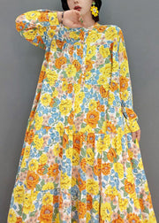 Bohemian Yellow Stand Collar Print Exra Large Hem Cotton Vacation Dresses Spring