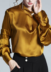 Bohemian Yellow Stand Collar Silk Top Lantern Sleeve