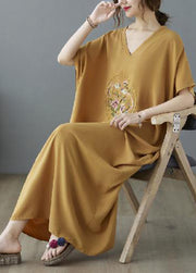 Bohemian Yellow V Neck Embroidered Cotton Long Dresses Summer