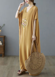 Bohemian Yellow V Neck Embroidered Cotton Long Dresses Summer