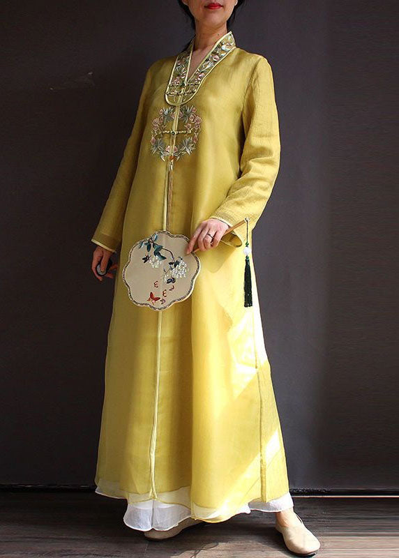 Bohemian Yellow V Neck Embroidered Patchwork Silk Dress Spring