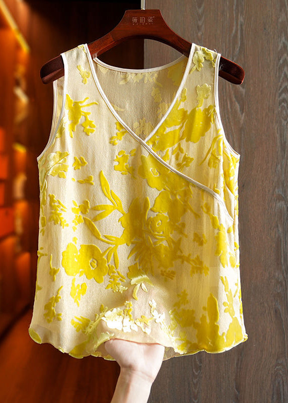 Bohemian Yellow V Neck Patchwork Print Silk Tanks Sleeveless